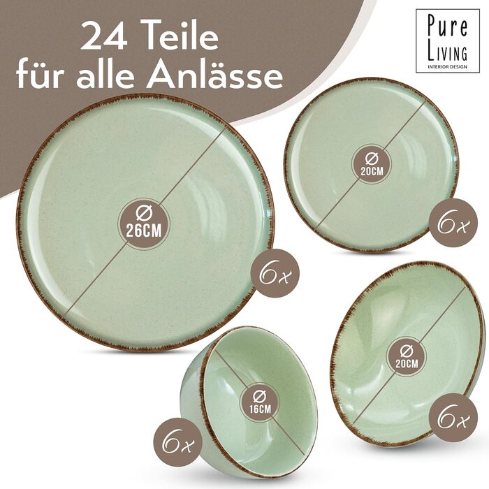 Набір посуду з керамограніту 6 персон Рустик 24 шт. - Набір посуду в сільському стилі, можна мити в посудомийній машині - Набір мисок і тарілок - Чистий живий посуд в (набір з 24 предметів, м'ятно-зелений)