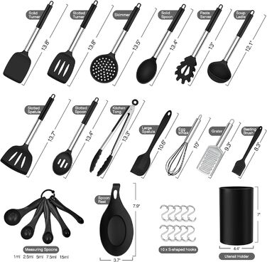 Набор кухонной утвари Herogo из 30 предметов с держателем, набор силиконовой кухонной утвари с ручкой из нержавеющей стали, жаропрочная кухонная утварь, можно мыть в посудомоечной машине, черный