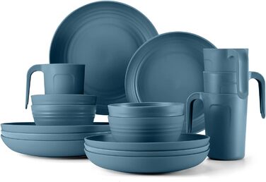 Набор пластиковой посуды для кемпинга на 4 персоны, 17 предметов, синий Odoland