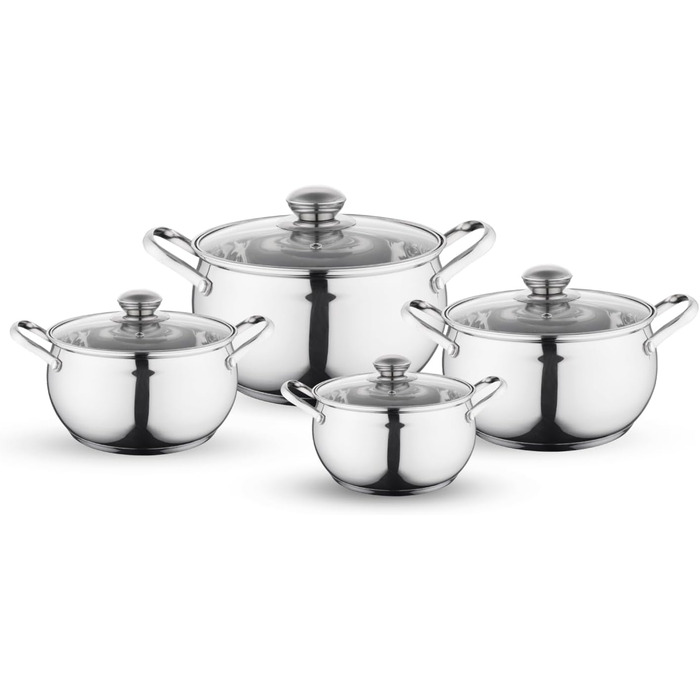 Набір посуду FLORINA 4 предмети Нержавіюча сталь 18/0 Кришка із загартованого скла Для індукційних, газових, електричних та керамічних варильних поверхонь Можна мити в посудомийній машині Високоякісний набір посуду для будь-якої кухні (8 предметів, каштан