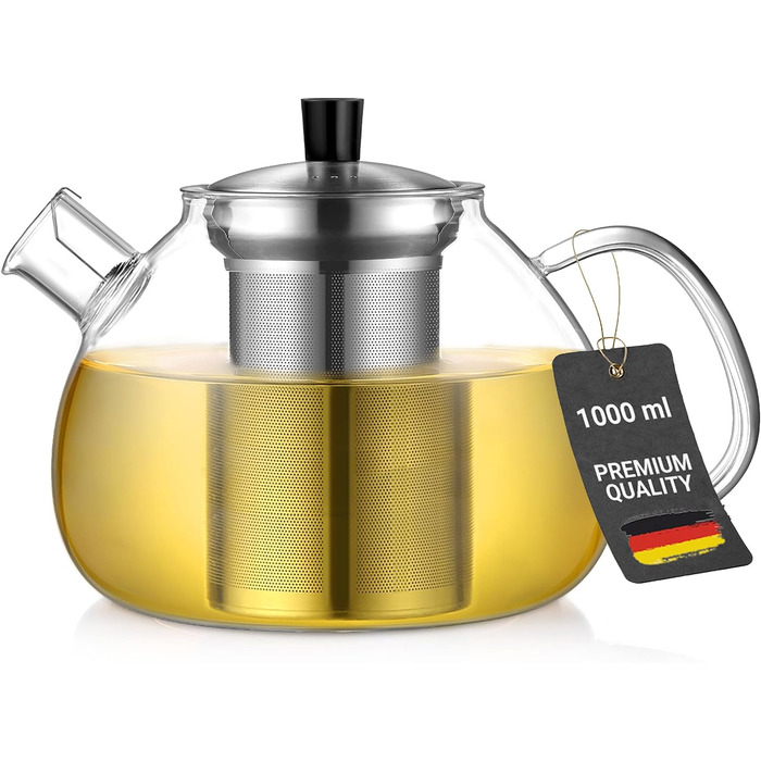 Скляний чайник з ситечком для чаю 1500 мл, скляний чайник, прозорий, термостійкий, зі знімним ситечком для чаю з нержавіючої сталі, для чорного чаю, зеленого чаю, ароматизованого фруктового чаю типу 1 срібло (1000 мл, тип 4 срібло-1000 мл)