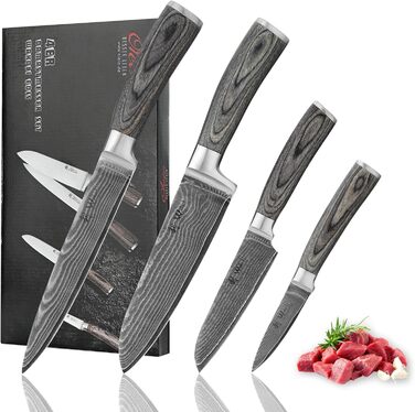 Набір ножів з дамаської сталі Wakoli Edib з 4 предметів, гострі леза від 8 до 18 см, набір кухонних ножів преміум-класу з 67 шарів дамаської сталі з ручками з дерева пакка, набір кухонних ножів преміум-класу з дамаської сталі та професійний шеф-кухарський