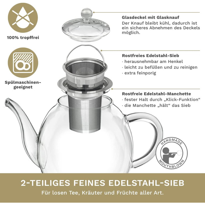 Чайник из Creano glass с крышкой для чая 500 мл из чайных цветов, чайных роз и листового чая, а также чайных пакетиков качественный, термостойкий (1 л)