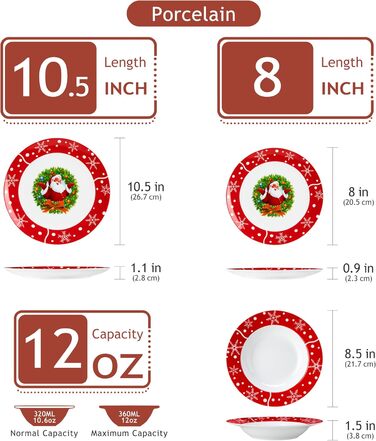 Серія 30-предметний порцеляновий різдвяний набір посуду на 6 осіб, різдвяний кавовий сервіз на 6 обідніх тарілок, 6 десертних тарілок, 6 супових тарілок, 6 кавових чашок та 6 блюдець (Санта Клаус, обідній сервіз на 18 осіб)