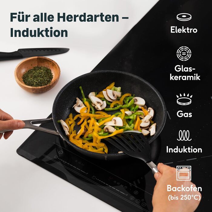Сковорода вок SILBERTHAL індукційна 28 см - Сковорода вок з нержавіючої сталі для смаження у фритюрі та смаження - Для всіх типів плит - Жароміцна до 400C (з покриттям, 20 см)