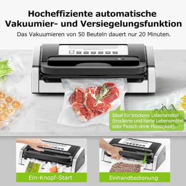 Вакуумний пакувальник з нержавіючої сталі та 2 вакуумних рулони, 15 л/хв 125 Вт Bonsenkitchen