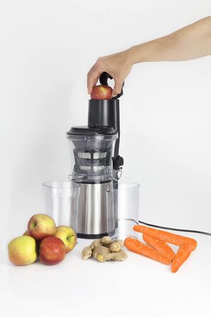 Дизайн повільної соковижималки, результат тесту 'Дуже добре', соковижималка для фруктів, овочів і зелені, великий завантажувальний отвір 75 мм Ø для цілих фруктів, з ситом для соку і сорбету, чорний, нержавіюча сталь, 500 -