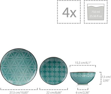 СПІВАЧКА Обідній сервіз Faro Stoneware, набір посуду з 12 предметів на 4 персони, унікальний і квітковий візерунок 12 шт.