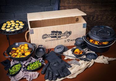 Набір голландської печі барбекю-Торо в дерев'яній коробці, чавун, попередньо приправлений, набір гриля з голландською духовкою, дерев'яна коробка, сковорода, каструля, сковорода, підставка, підйомник кришки (19 предметів)