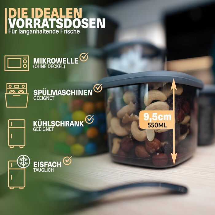 Банки для хранения с герметичными крышками Набор из 24 контейнеров для хранения БЕЗ БИСФЕНОЛА А Для мюсли, хранения муки и сахара Практичный кухонный ящик для хранения всех продуктов (антрацит 0,550 мл)