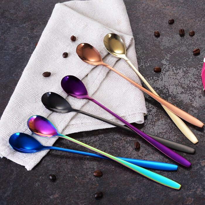 Набір ложок GRWE для лате макіато, золотистий, 6 предметів, 22 см, довгі ложки, ложки для коктейлів, десертні ложки, ложки для морозива, ложки для кави з льодом, нержавіюча сталь, можна мити в посудомийній машині (різнокольоровий)