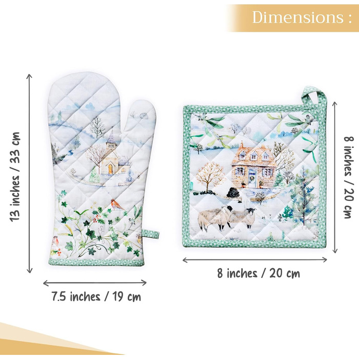 Рукавички для духовки, прихватки для каструль Maison d&39 Hermine, 100 бавовна, термостійкі кухонні рукавички, рукавички для духовки (19 x 33 см) та прихватки для каструль (20 x 20 см) для приготування їжі, Морзін - Рукавички для духовки (19 x 33 см) та п