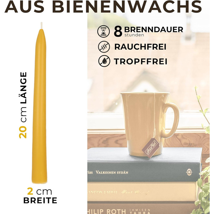 Набір з 5 конічних свічок 2 х 20 см з бджолиного воску, жовтий Danilovo