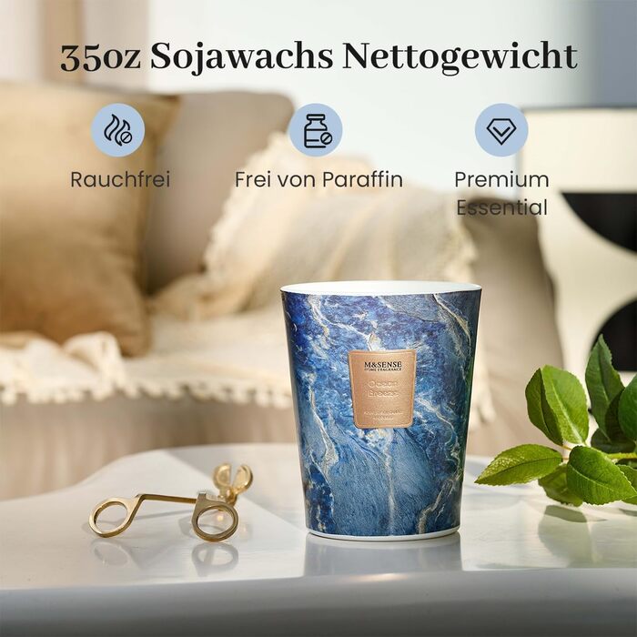 Ароматизована свічка M&SENSE велика Чорні ароматизовані свічки у склянці Ароматизована свічка з натурального соєвого воску Розслаблююча ароматерапія Подарунок для жінок та чоловіків, Різдво Час горіння 75 годин та 2 ґноти (Морський бриз, 990 г)