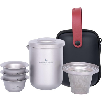 Чай iBasingo для одного набору Титановий чайник для подорожей на відкритому повітрі зі вставкою Кемпінг Портативний китайський чайний набір кунг-фу Двошарова чайниця з ситечком для чаю та 3 міні-чашки 40 мл Ti3105D (заварник Ti3104d з фільтром і 3 чашками