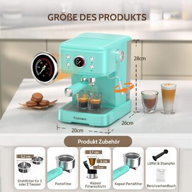 Кавомашина Empstorm Espresso Portafilter з піноутворювачем для молока, еспресо-машина 20 бар з портафільтром, еспресо-машина 2 в 1 для порошку та капсул, резервуар для води 1,5 л, кавоварка з портафільтром, білий (світло-блакитний)