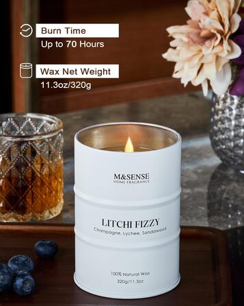 Ароматичні свічки M&SENSE з натурального соєвого воску, натуральна соєва свічка для домашнього декору, тривалий час горіння до 70 годин, класні подарунки для чоловіків та жінок (320 г, лічі, шипучі)