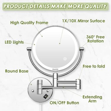 Дзеркало косметичне 20 см настінне з підсвічуванням та 10-кратним збільшенням, сріблясте Vialex