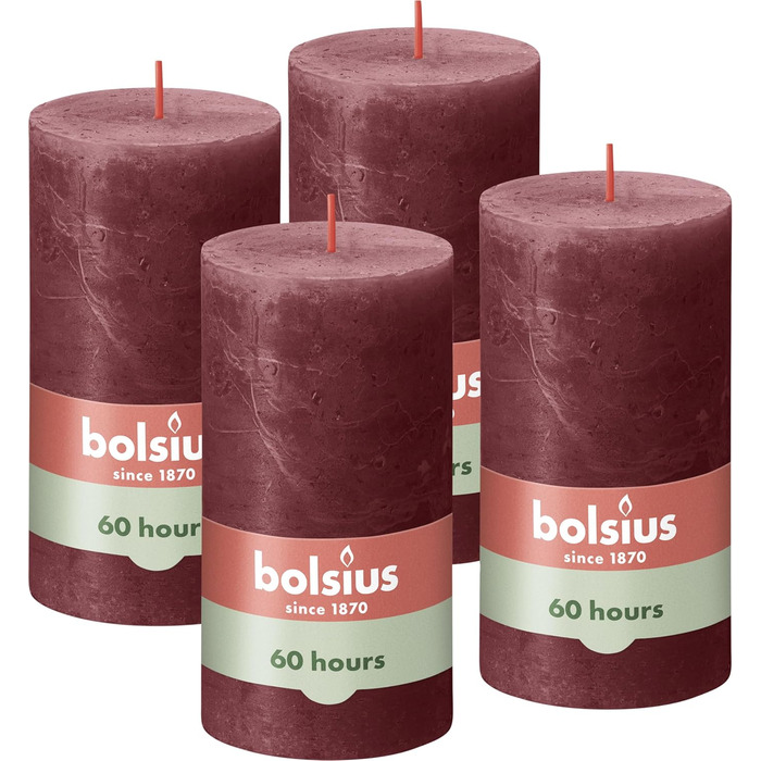 Свічки Bolsius Rustic Pillar - Оливково-зелені - Набір з 4 шт. - Декоративні побутові свічки - Час горіння 60 годин - Без запаху - Натуральний рослинний віск - Без пальмової олії - Оливково-зелені (13 x 7 см, темно-червоні)