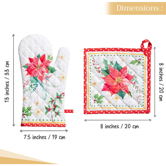 Рукавички для духовки Maison d&39 Hermine, Прихватки для каструль, 100 бавовна, термостійкі кухонні рукавички, рукавички для духовки (19 x 33 см) та прихватки для каструль (20 x 20 см) для приготування їжі, Morzine - Рукавички для духовки (19 x 33 см) та 