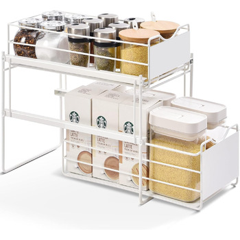 Рівневий органайзер для кухонних шаф, нижня полиця шафи, органайзер для зберігання ящиків, полиця для шухляд, полиця під раковиною для кухні, ванної кімнати, офісу, шафи (білий), 2-