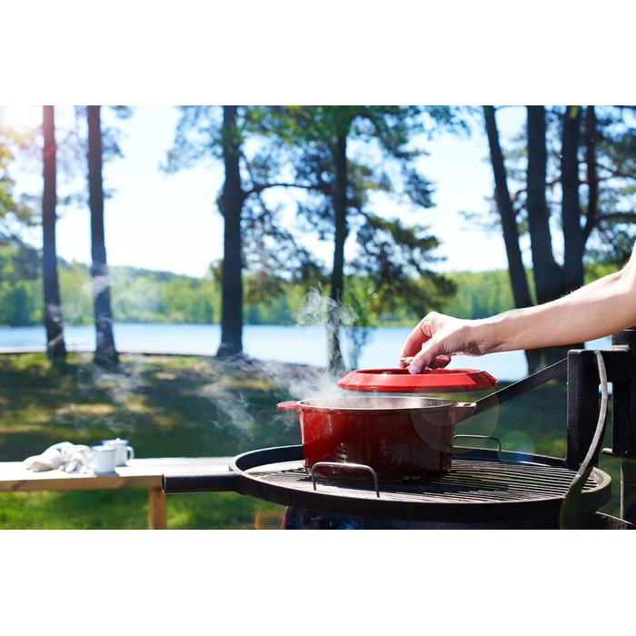 Чавунна каструля Ø 24 см, синього кольору, з кришкою та силіконовими ручками Емальований чавун, підходить для індукції та духовки для всіх типів плит Ø 24 см, висота 11 см, 4,2 літра (Чилі Червоний, Ø 24 см, висота 11 см, 4,2 літра)