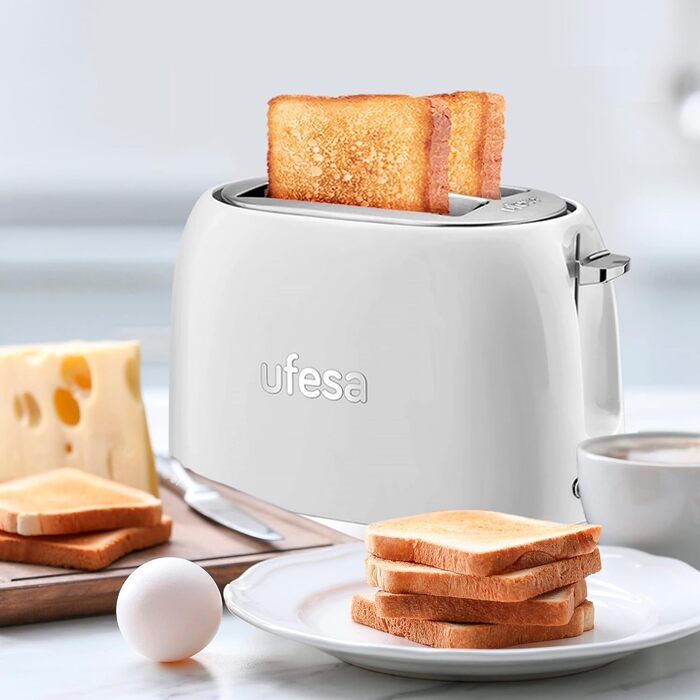 Тостер Ufesa 2 скибочки білий ретро класичний пінап, вінтажний дизайн, 850 Вт, бутербродниця з 2 дуже широкими слотами, для всіх видів хліба, 7 ступенів підрум'янювання, збірник кабелю, лоток для крихт