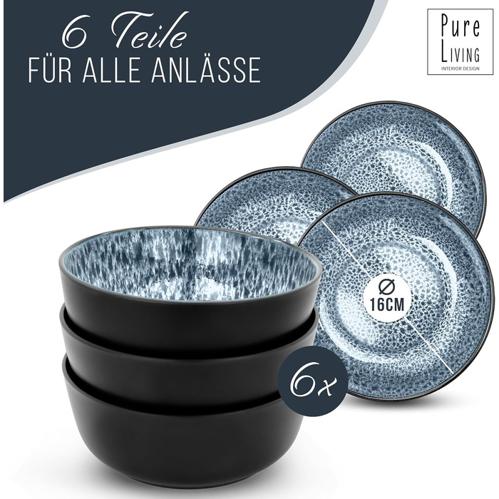 Набір посуду з керамограніту 6 персон Ibiza 24 шт. - Середземноморський набір посуду, посудомийна машина, мікрохвильова піч і захист від подряпин - Набір мисок і тарілок - Посуд Pure Living Black в димчасто-блакитному кольорі (миски (6x))