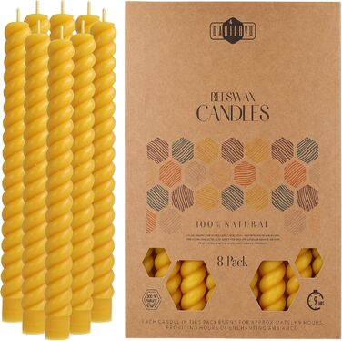 Свічки з бджолиного воску Danilovo Taper Candles, шт. натуральні, екологічно чисті, довгогорючі свічки з бджолиного воску для будь-якої нагоди та підсвічники свічки з ароматом меду та чистого бджолиного воску (8,25 см, закручені)