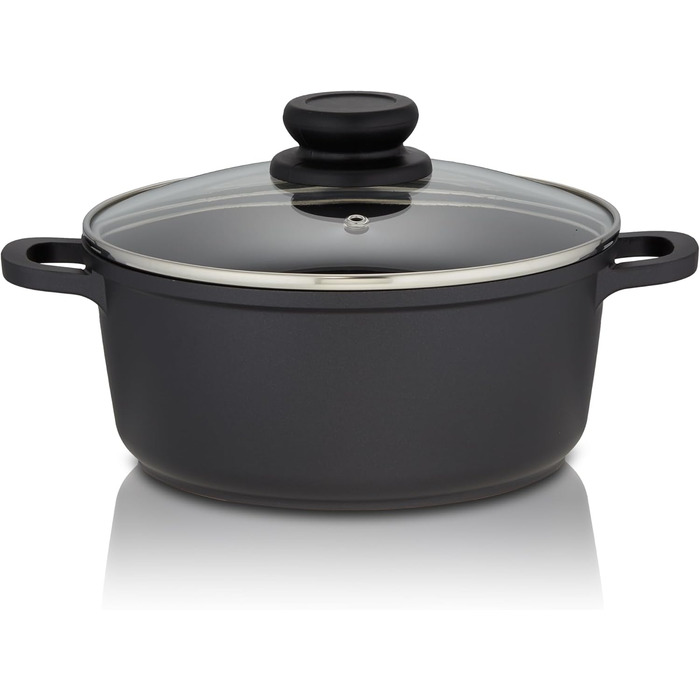 Каструля KHG з індукційним антипригарним покриттям, XXL овочева каструля, велика місткість, 10 літрів Чорний алюміній зі скляною кришкою Міцні, цільні ручки Підходить для всіх типів плит (20 см)