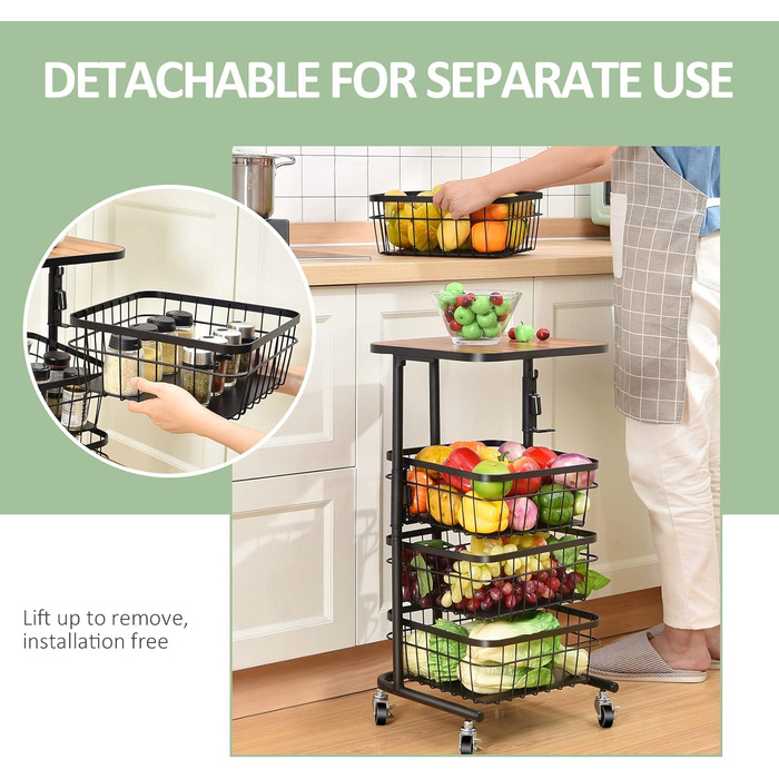 Кухонная тележка APEXCHASER, вращающаяся тележка, 4-уровневая многослойная кухонная полка с колесиками, контейнер для хранения, поворотная корзина для фруктов для кухни, гостиной, офиса, черный