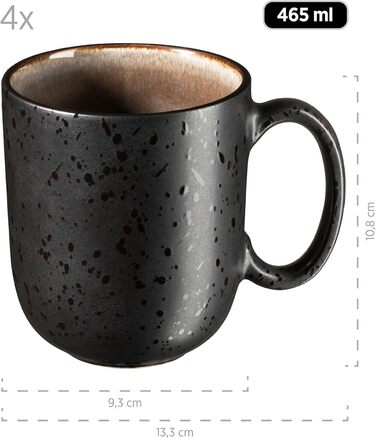 Сучасний набір для 4 осіб у захоплюючому вінтажному образі, великі плоскі обідні тарілки з кераміки, керамограніту, сірий/чорний (кавова кружка, сіра/чорна)