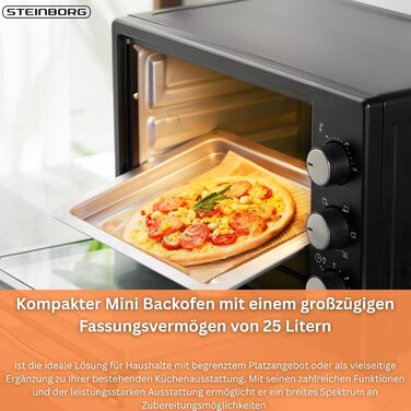Міні-піч STEInBORG 25 літрів Піч для піци Духовка 3-в-1 Міні-піч Піддон для крихт Верхній/нижній нагрів Конвекція Таймер на 60 хвилин 1600 Вт