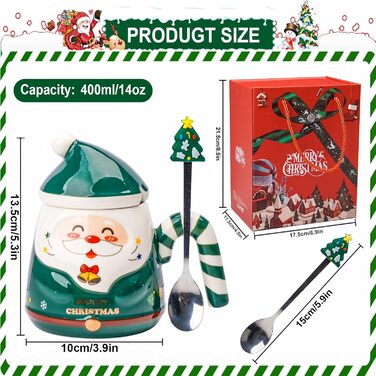 Різдвяна кружка, з ручками у формі цукерок та ложкою у формі ялинки 400 мл. ZONSUSE