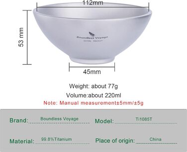 Безграничный Voyage Титановая чаша с двойными стенками для взрослых Детская посуда для кемпинга на открытом воздухе Чаша для риса из титана (220 мл-ti15147b.)