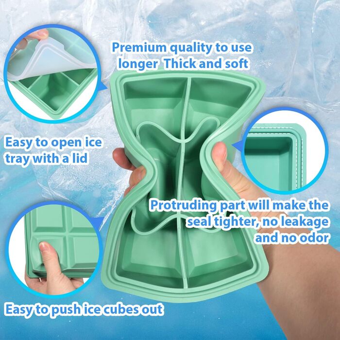 Форма для льоду LessMo XXL, 3-елементна, силіконова форма для льоду на 18 отворів з кришкою, великі кубики льоду 4,8 см, штабельовані та придатні для миття в посудомийній машині, без BPA для пива, коктейлів, віскі (1-мідно-зелена)