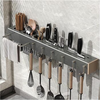 Тримач для посуду, настінна підставка для кухонного начиння, підвісний органайзер для зберігання зі знімним гачком, органайзер великої місткості для ножів, столових приборів, лопаток (6 гачків)