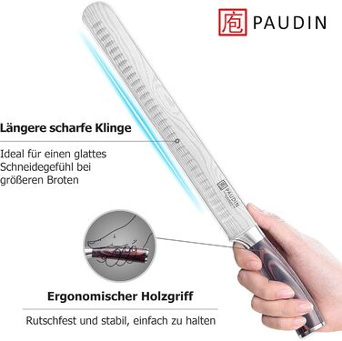 Набір ножів PAUDIN, набір кухонних ножів із 3 предметів з високоякісної вуглецевої нержавіючої сталі, набір ультрагострих ножів із кухарським ножем, тесаком, універсальним ножем, професійним кухарським ножем з рукояткою пакавуд