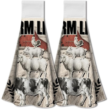 Набір з 2 різдвяних кухонних рушників для підвішування з петлею, рушник з написом Веселого Різдва з мікрофібри, мякий абсорбуючий, для підвішування, чайний рушник 31,5 x 34,5 см для домашнього свята (сільськогосподарські тварини)