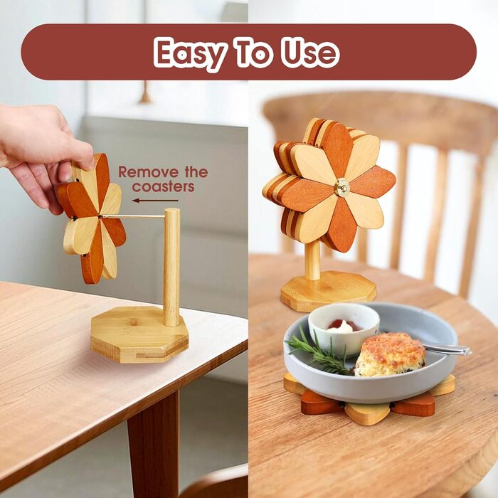 Набір з 4 дерев'яних підставок під гаряче з тримачем у формі вітряка, 5 предметів Qnynnty