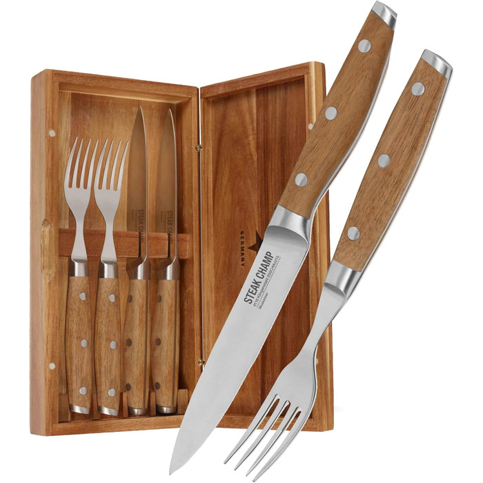 Набір виделок та ножів для стейка,  4 предмети в дерев'яній коробці Steakchamp