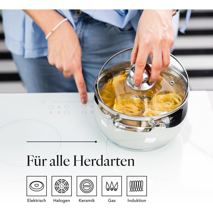 Набір посуду FLORINA 4 предмети Нержавіюча сталь 18/0 Кришка із загартованого скла Для індукційних, газових, електричних та керамічних варильних поверхонь Можна мити в посудомийній машині Високоякісний набір посуду для будь-якої кухні (8 предметів, каштан