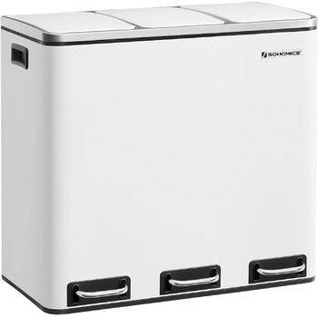 Кухонний контейнер для сміття SONGMICS, 3 x 18 л, система розділення сміття, 3 відділення, включаючи 15 мішків для сміття, відро для сміття, відро для сміття з педаллю, для вторинної переробки, органічні відходи, з кришкою, LTB54BK (білий хмара)