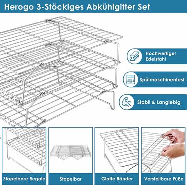 Охлаждающая решетка Herogo, 3-уровневый набор охлаждающих стоек из нержавеющей стали, прямоугольная решетка для охлаждения выпечки, идеально подходит для печенья, тортов, хлеба, 38x26 см, складная и штабелируемая, пригодная для мытья в посудомоечной машин