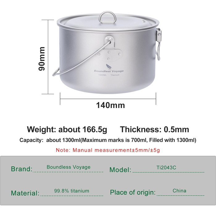 Безмежна подорож на відкритому повітрі 750 мл 800 мл 1100 мл 1300 мл Титанова каструля з кришкою Складна ручка для застави Кемпінг Піші прогулянки Пікнік Ультралегка портативна пляшка для води Чашка Кухоль Набір свиней (1300 чашок)
