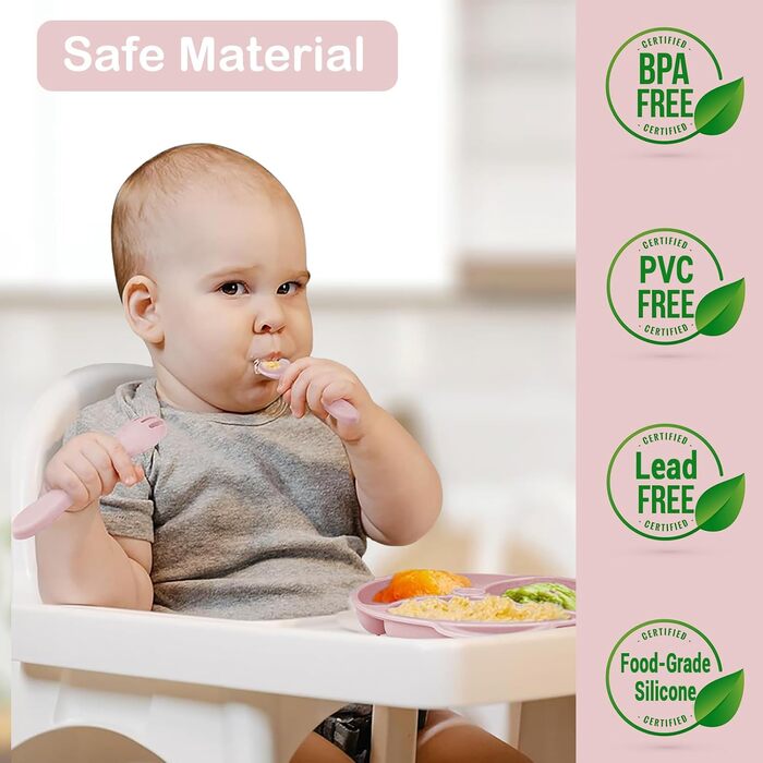 Силіконовий набір дитячого столового посуду Bizcasa з 9 предметів, нековзкий набір дитячого столового посуду, дитячий столовий посуд із присоскою, нековзна дитяча миска, дитяча тарілка, дитячий набір столових приладів для малюків, без бісфенолу А (світло-