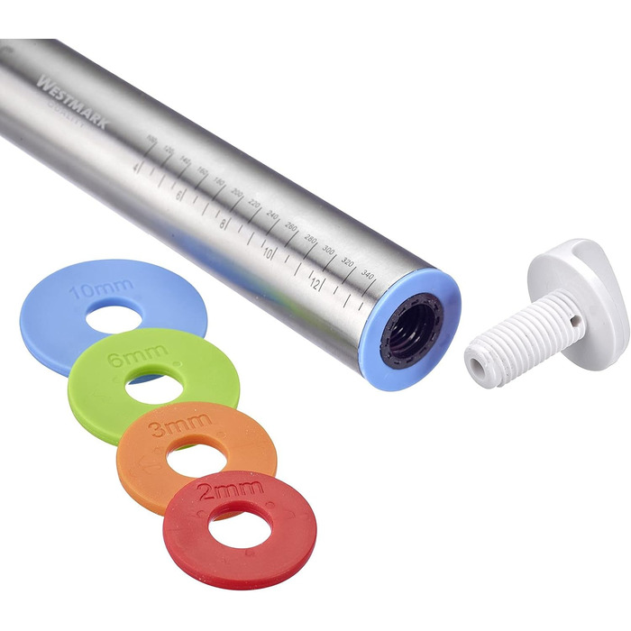 З 4 розпірними кільцями, по 1 кільцю по 10 мм, 6 мм, 3 мм, 2 мм, зі шкалами, нержавіюча сталь/пластик, сріблястий/білий/світло-блакитний/світло-зелений/помаранчевий/червоний, 30452260 нержавіючий ролик для випічки