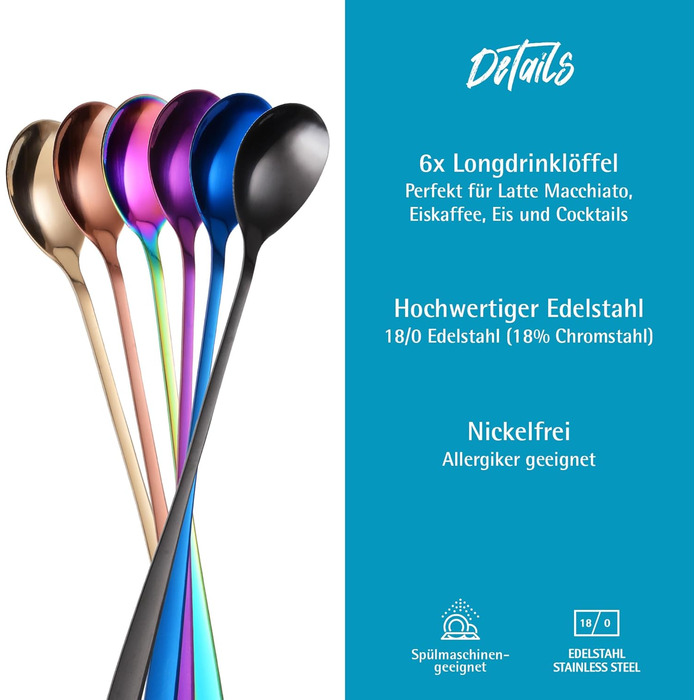 Набір ложок GRWE для лате макіато, золотистий, 6 предметів, 22 см, довгі ложки, ложки для коктейлів, десертні ложки, ложки для морозива, ложки для кави з льодом, нержавіюча сталь, можна мити в посудомийній машині (різнокольоровий)