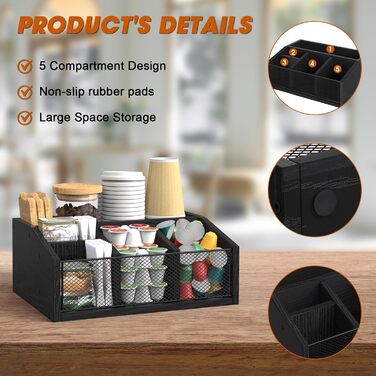 Органайзер для кофейных аксессуаров, снеков, столовых приборов, канцелярии с 5 отделениями, деревянный, черный NOVIMANGO