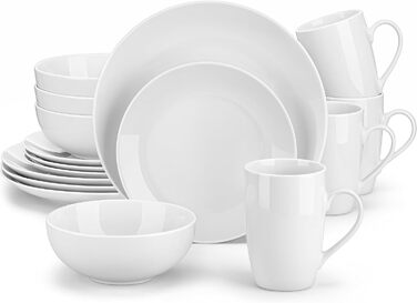 Серія Amelia, порцеляновий набір посуду на 6 персон, порцеляновий столовий сервіз, білий комбінований сервіз преміум-класу, з 6 обідніми тарілками, 6 тарілками для тортів, 6 глибокими тарілками та 6 мисками кожна. Набір посуду на 6 (48, білий)